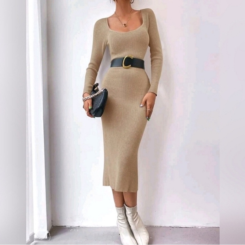 New Ribbed Bodycon Knit Midi Sweater Dress Long Sleeve Square Neck Khaki Tan